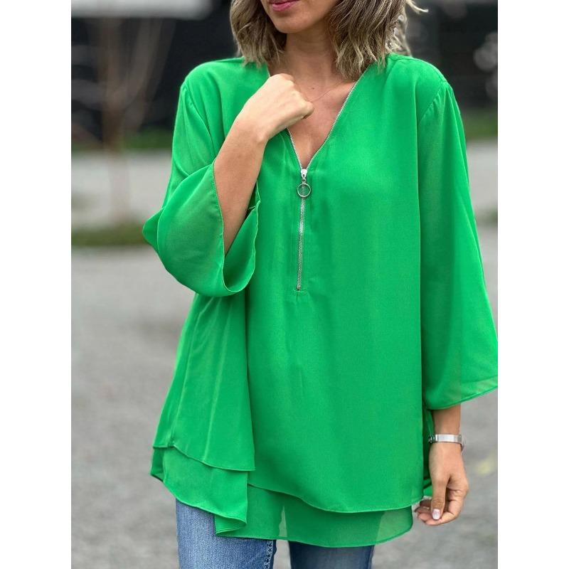 QICED Women's Fashion Casual Solid Color Print Long Sleeve V Neck Blouses & Shirts