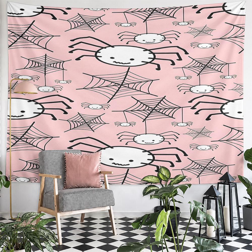 Cute Spider and Webs Pink Tapestry Design Pattern Wall Hanging Tapestry Decorative Tapestry Home Decor for Bedroom and Living Room