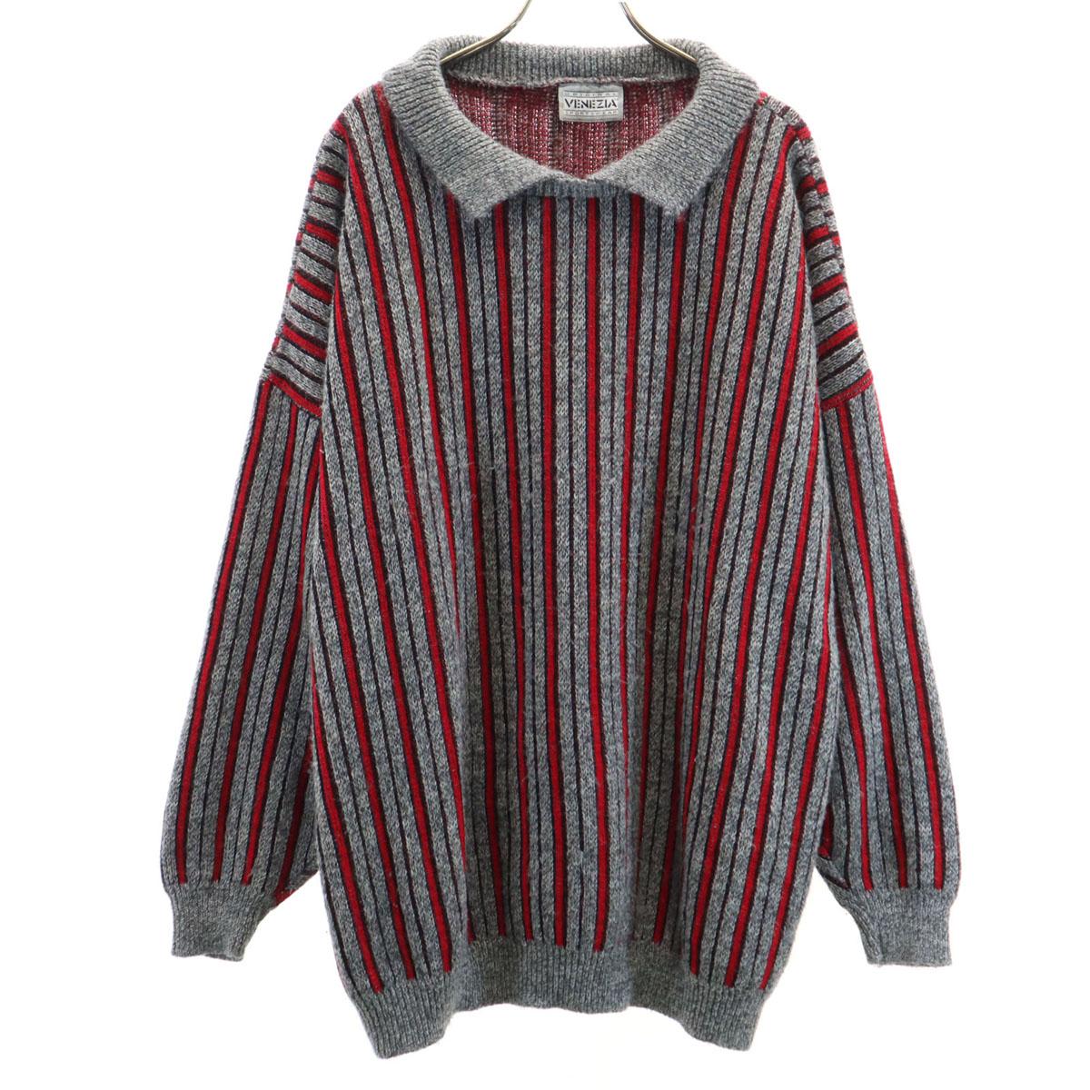 

VENEZIA 80s 90s Old Striped Pattern Long sleeve sweater gray knit Men s Used