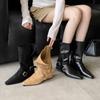 2025 Suede retro small square head two wear folded thick heel belt buckle medium boots women's autumn and winter Martin boots short boots