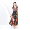 Summer Women Deep V-neck Flying Sleeve Vintage Print Holiday Beach Long Maxi Dresses