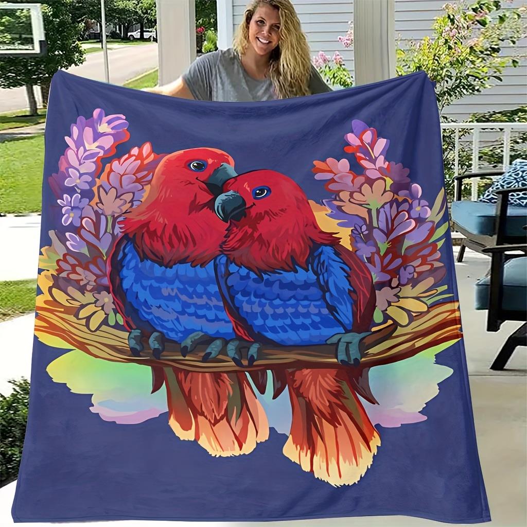 1pc Extra Large Flannel Blanket - Heavyweight 280gsm Soft & Warm All-Season Bedspread - Tropical Parrot Design in Red, Blue 130x150cm51x59in