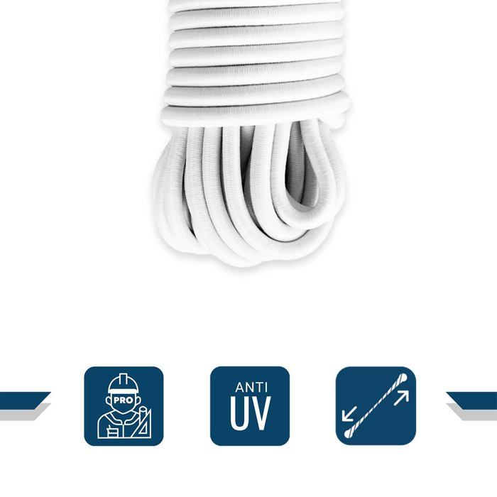 TECPLAST Sandow élastique Blanc 15 mètres 9SW - Qualité PRO - Tendeur pour bâche de diamètre 9 mm
