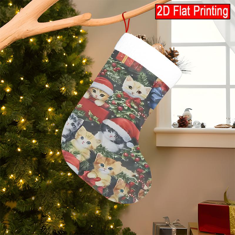 Christmas Decoration Fireplace Hanging Stocking 1pc Cute Christmas Kittens Pattern Christmas Gift Socks, Chris