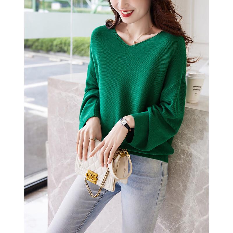 Demana Women's V-Neck Lantern Sleeve Wool Blend Knit Sweater