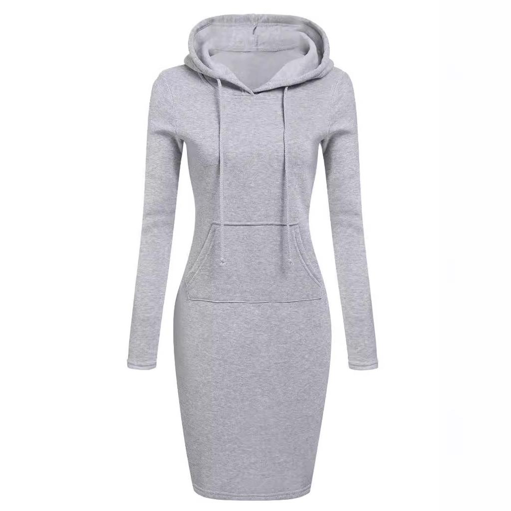 Women's Hooded Neck Long Sleeve Bodycon Midi Dress Solid Color Casual Sweatshirt Dress