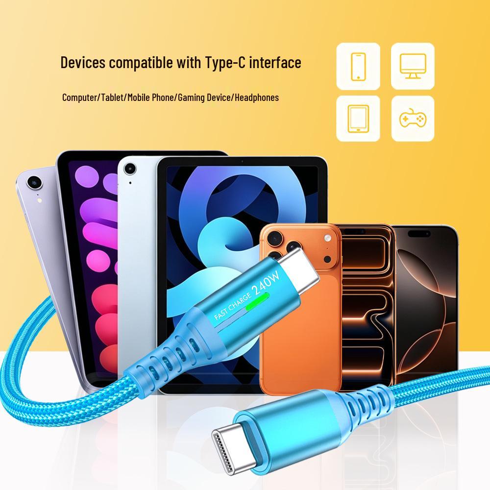 240W Dual USB-C Fast Charging Cable with LED Light for Apple, Android, Huawei Devices.