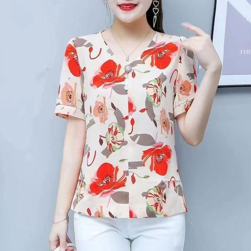 Office Lady Plant Flowers Printed Shirt Korean Casual V-Neck Button Summer Female Chic Pearl Three-dimensional Decoration Blouse