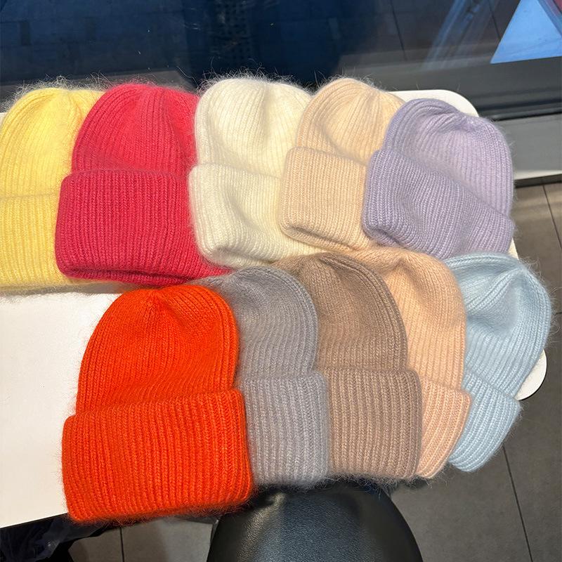 Winter angora rabbit fur warm solid color light board wool hat women's autumn and winter candy color vertical striped knitted hat