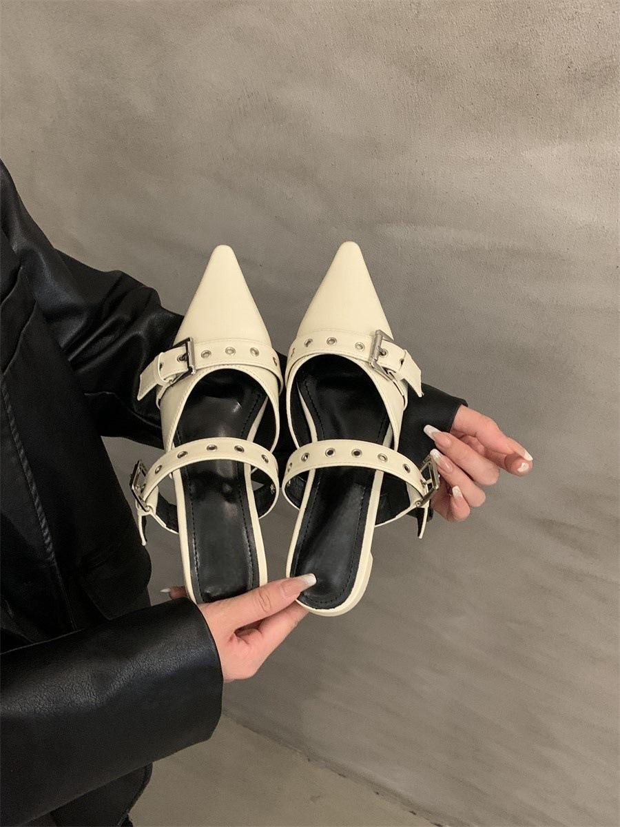 

Туфли-полушапки на грубом каблуке с застежкой-молнией, верхняя одежда, весна и лето 2025, новые ретро-туфли с заостренным ремнем и пряжкой, черные одинарные туфли, женская обувь 40