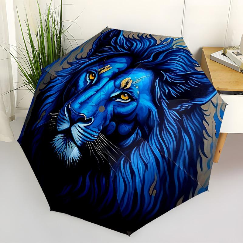 1pc Blue Lion Fashionable Automatic Opening/Closing Folding Umbrella with 8 Iron Bones, Plastic Handle Yy251015009