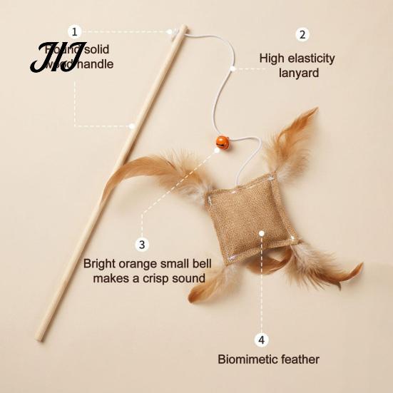Cat Wand with Long Rope Toy Linen Bag, Interactive Bell, Exercise for Adult Cats Wooden Handle Feather Indoor Scratching Chasing Lure