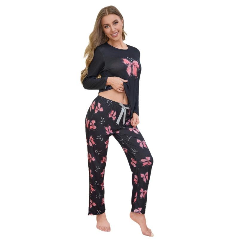 Women's Pajamas Heart-Shaped Bow Casual and Stylish Long-Sleeve Top and Long Pants Loungewear Set for Women