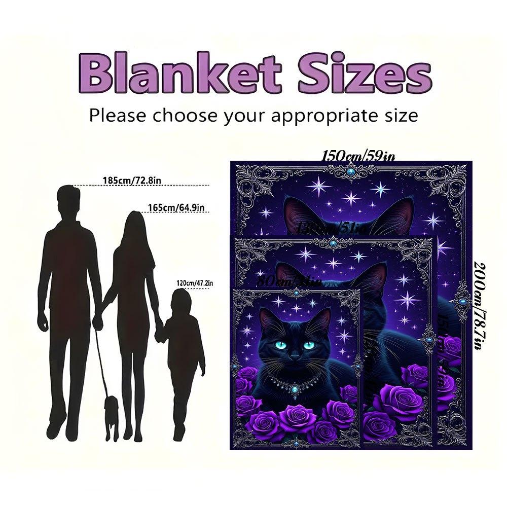 "Enchanted Black Cat with Stars and Roses Wall Art Print"Blanket Flannel Throw Blanket for Sofa, Bed, Travel, Camping, Office