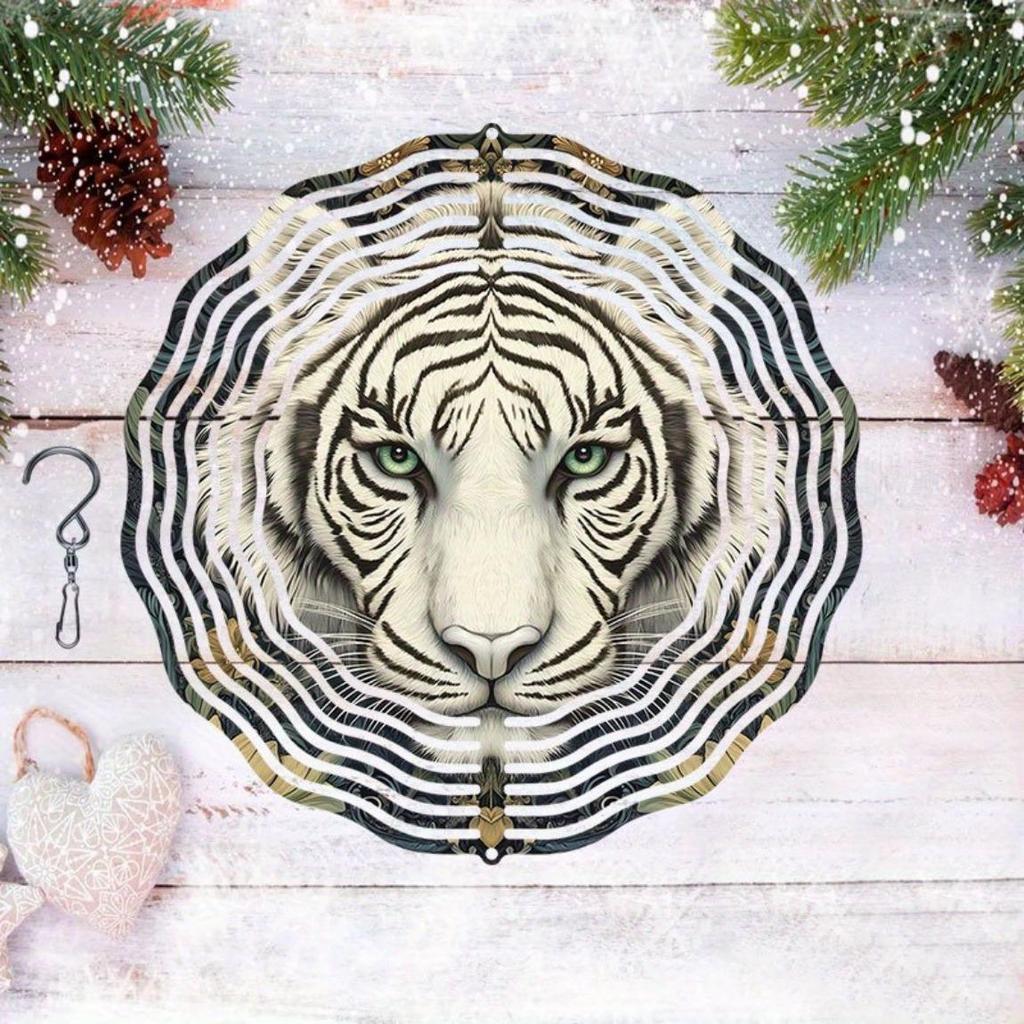 Mandala Lasergeschnittener Windspinner Outdoor Gartendekor Weißes Tiger Muster 2D Dynamisches Metall Windspiel Hängend Rotierend Klassischer Stil mit