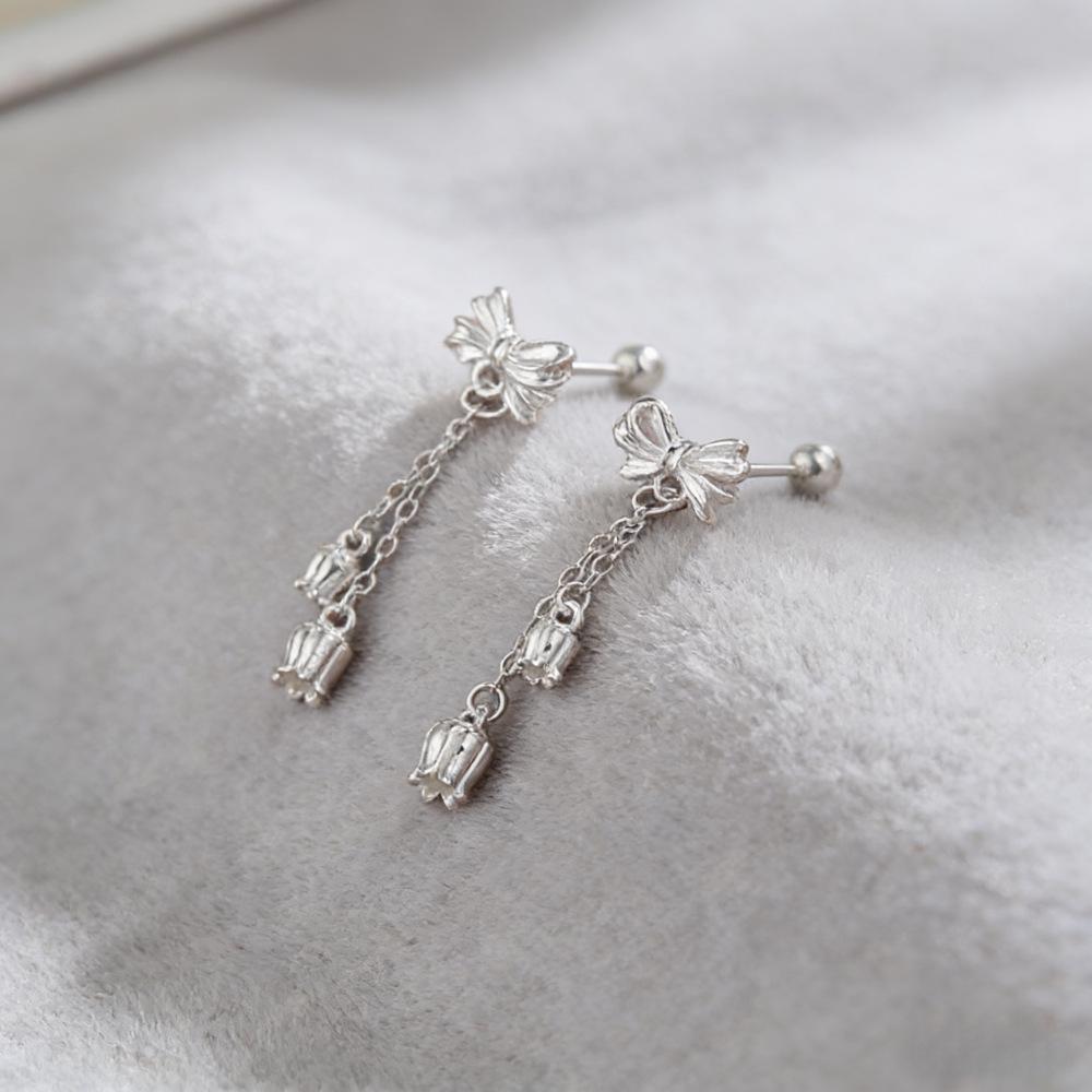 New Lily of the Valley Bow Tassel Stud Earrings - Korean Style Dangle with Threaded Screw Back Design