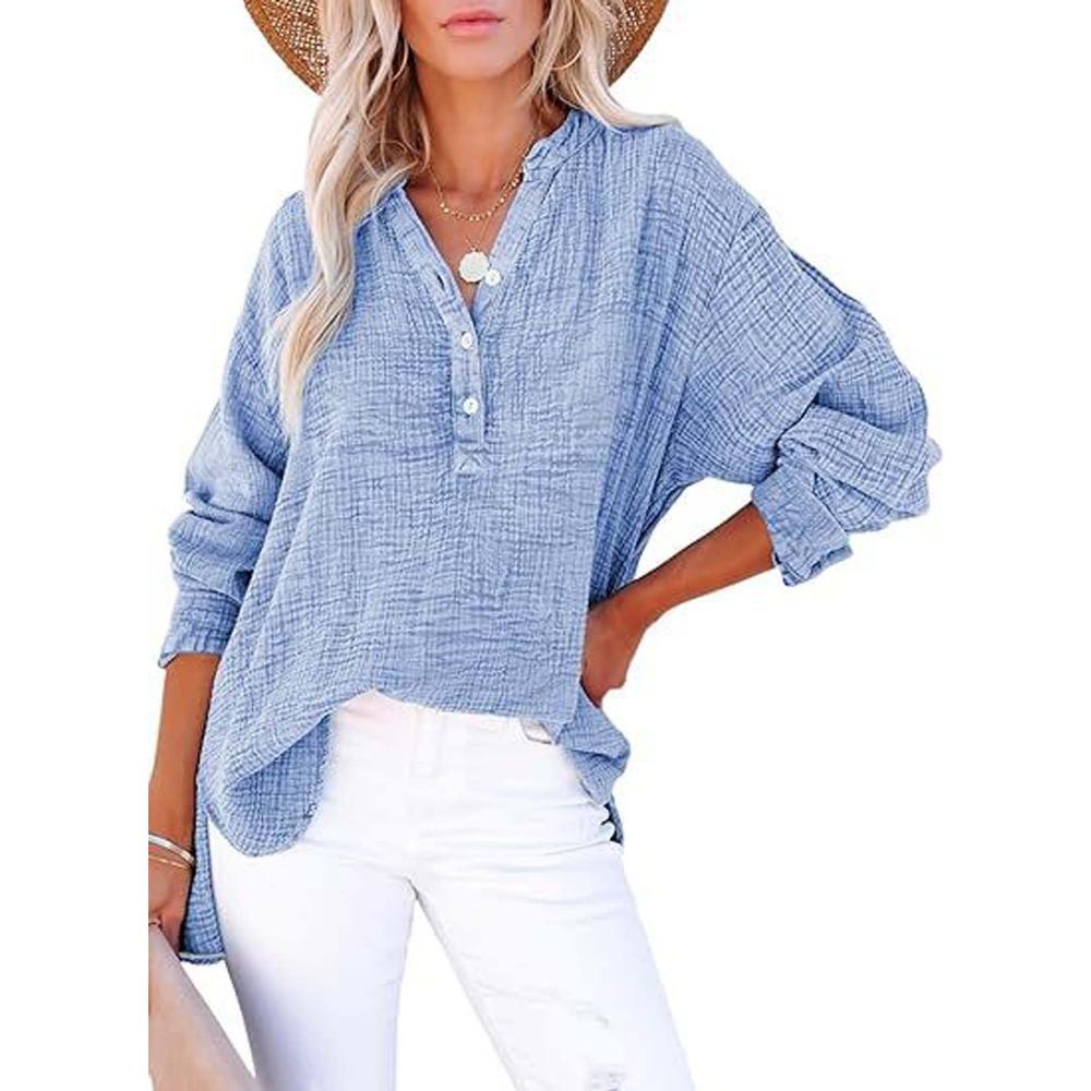 Women's V-Neck Long Sleeve Solid Color Casual Fashion Henley Blouse Shirt Top