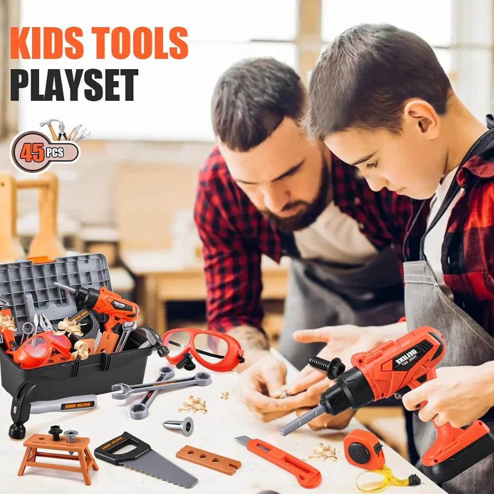 44-Piece Set Pretend Play Tools Toy Kit with Electric Drill Building Tools Toy Box for Kids Boys And Girls with Chair