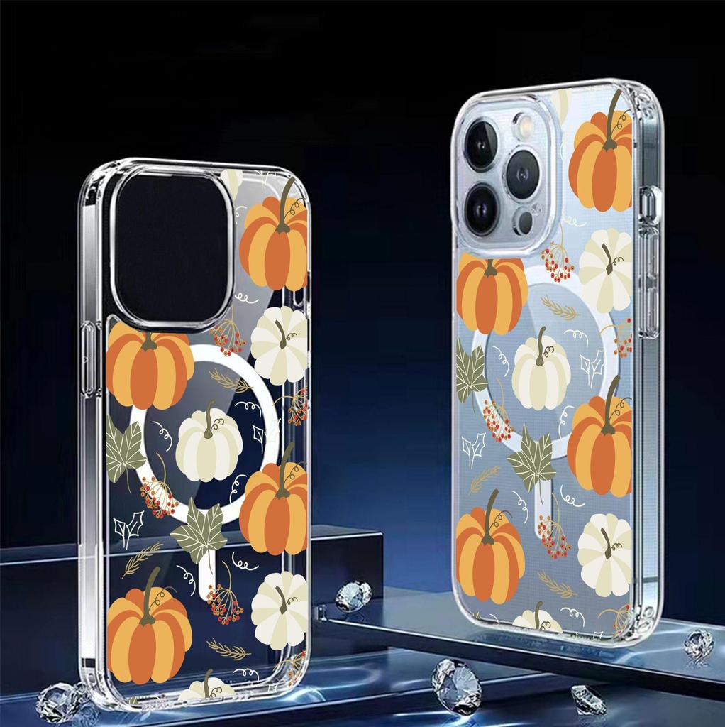 Color Block Pumpkin Magnetic Phone Case for iPhone 15/16/17 Pro Max - Transparent, Full Coverage Protection