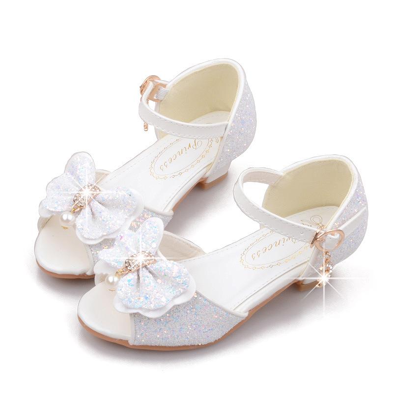 New Korean-style high-heeled girls' sandals, fashionable children's shoes with bows and sequins, Frozen princess shoes