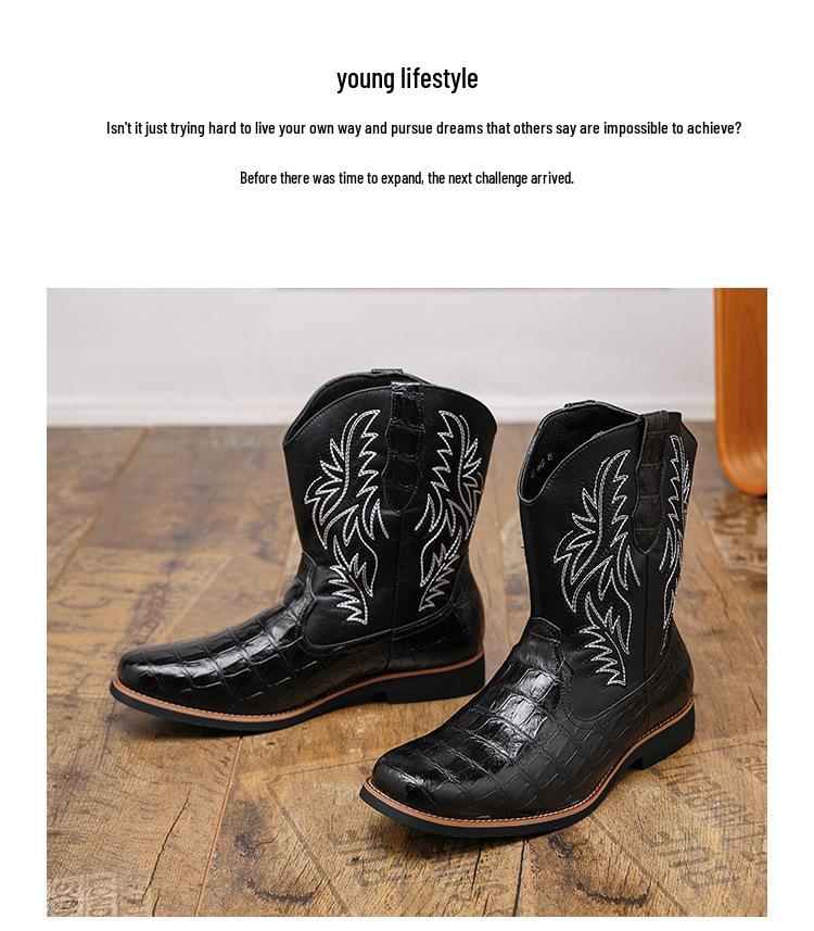 Men's Western Cowboy Boots: Retro Crocodile Pattern Embroidered Leather Knight Boots, Large Size, High Cut
