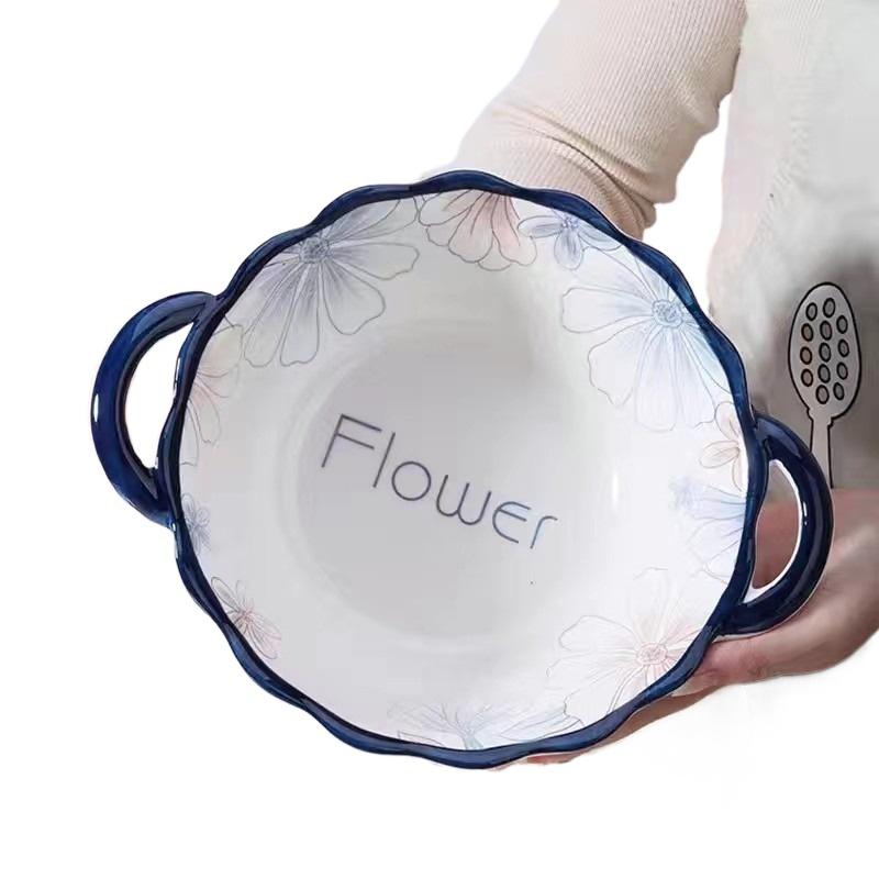 Ceramic Household 10 Inch High Aesthetic Double Ear Soup Bowl Anti Scald Relief Soup Bowl Underglaze Color Process