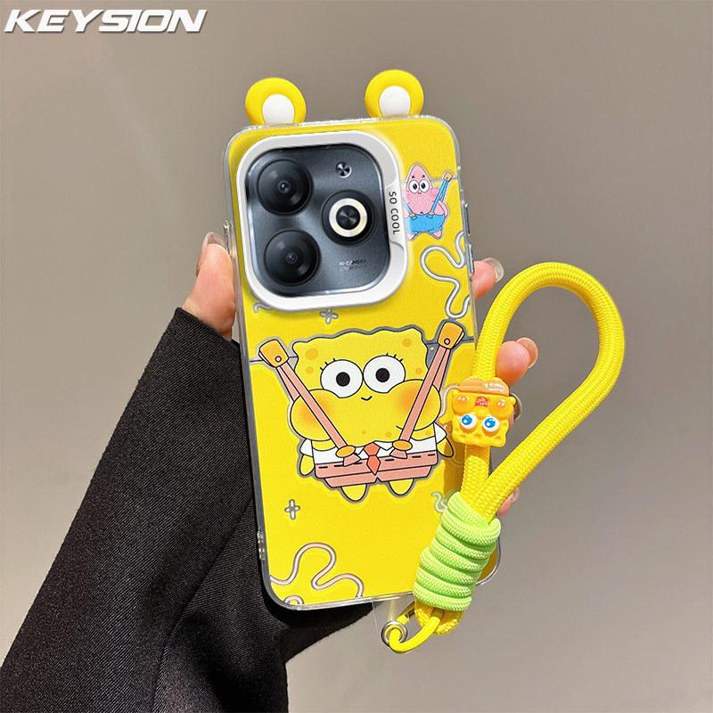 KEYSION Cute Ear Cartoon Case for Infinix Hot 40i with Lanyard Soft Silicone+PC Shockproof Phone Cover for Infinix Smart 8 HD
