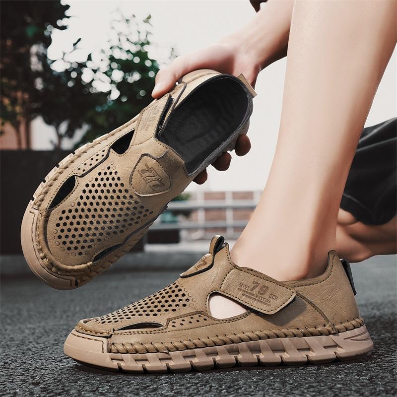 Fashion Men's Casual Leather Sandals Lightweight Summer Flats Stylish Beach Shoes Comfortable Hollow Out Loafers Male Magic Glue Sandals