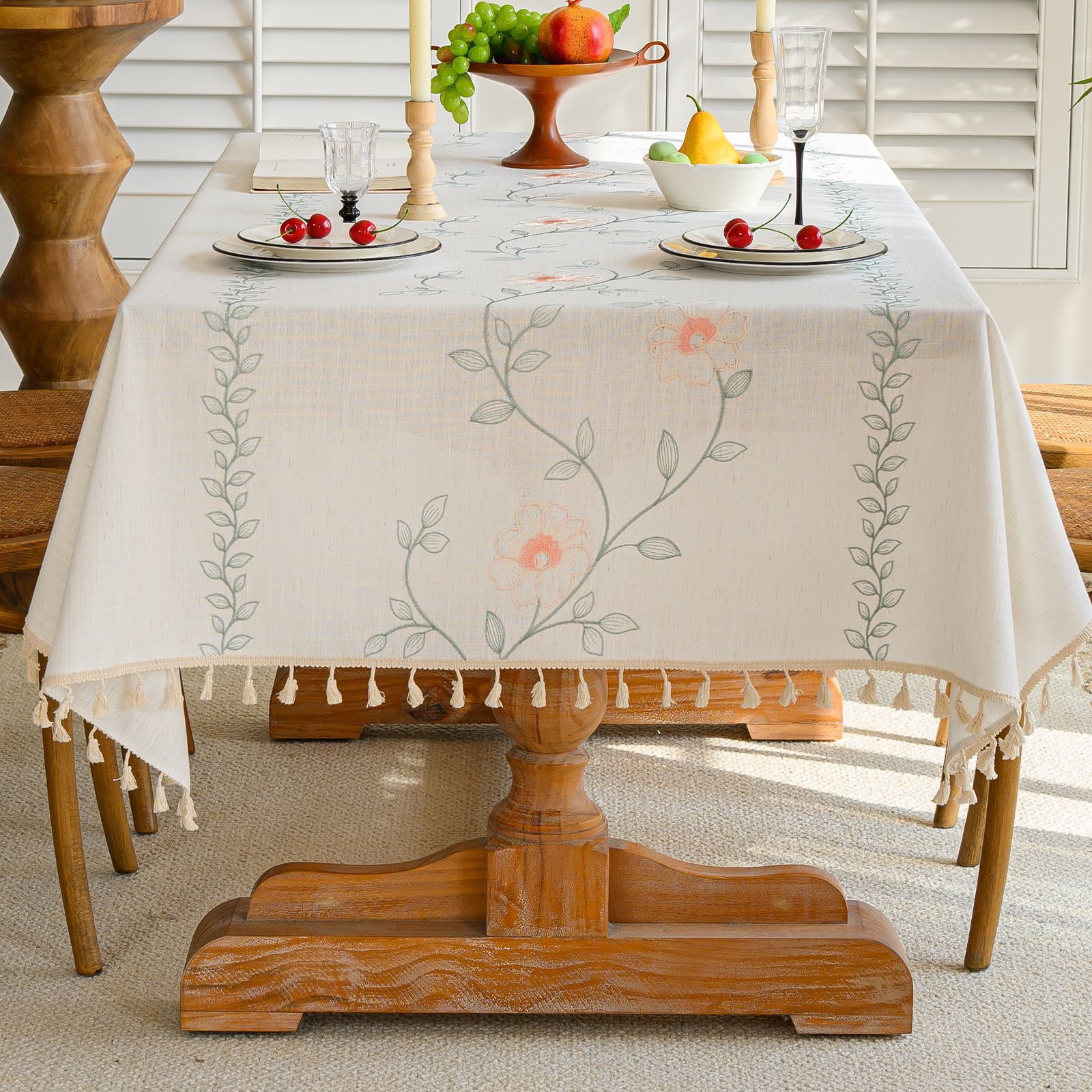 Ретро Вышитая Скатерть Растение Цветок Дышащая Прочная Бытовая Простая Универсальная Прямоугольная Скатерть для Обеденного Стола 90*90cm