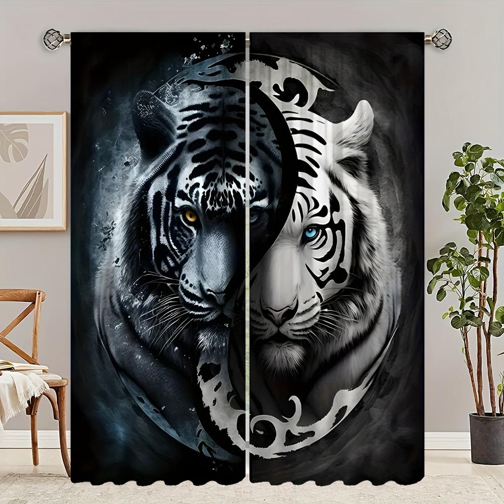 2pcs White Tiger Style Printed Curtain For Home Decor Rod Pocket Window Treatment For Bedroom Office Kitchen Living Room Study