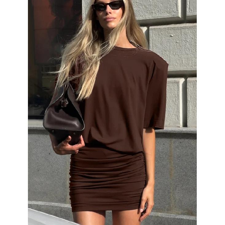 Spring Latest Solid O-Neck Short Sleeves Ruched Slim Mini Dress Women'S Fashion Casual Clothes Party Club Street Outfit