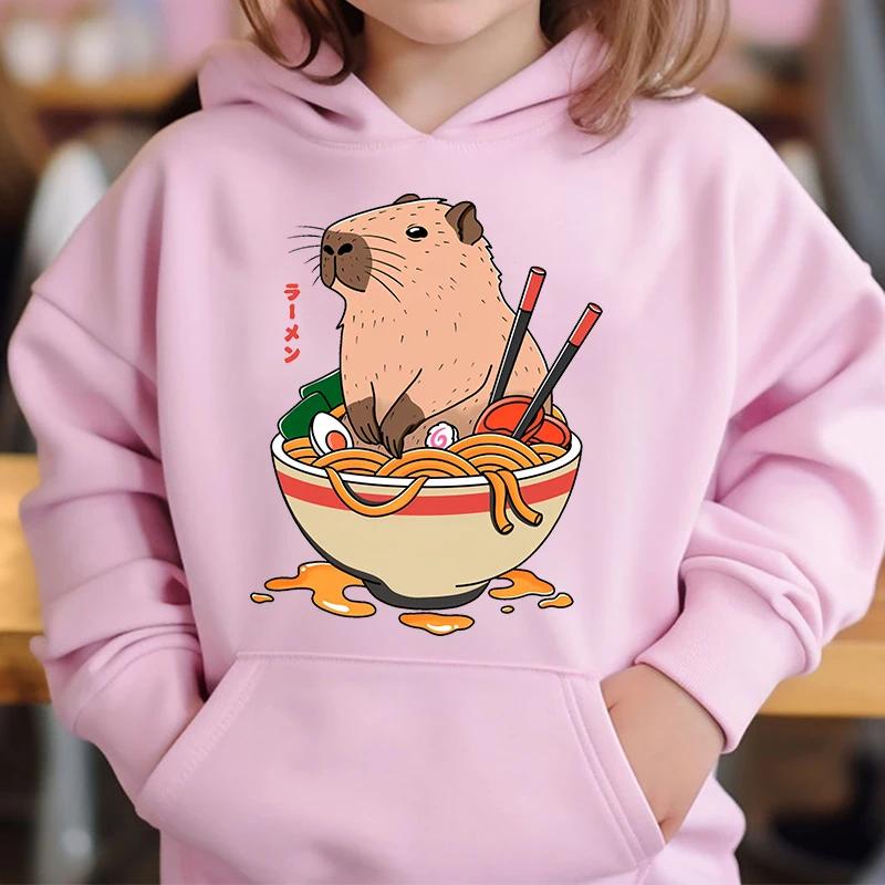 Cute Capybara Loves Bubble Tea Children's Hoodie Pink Autumn and Winter Girl's Top