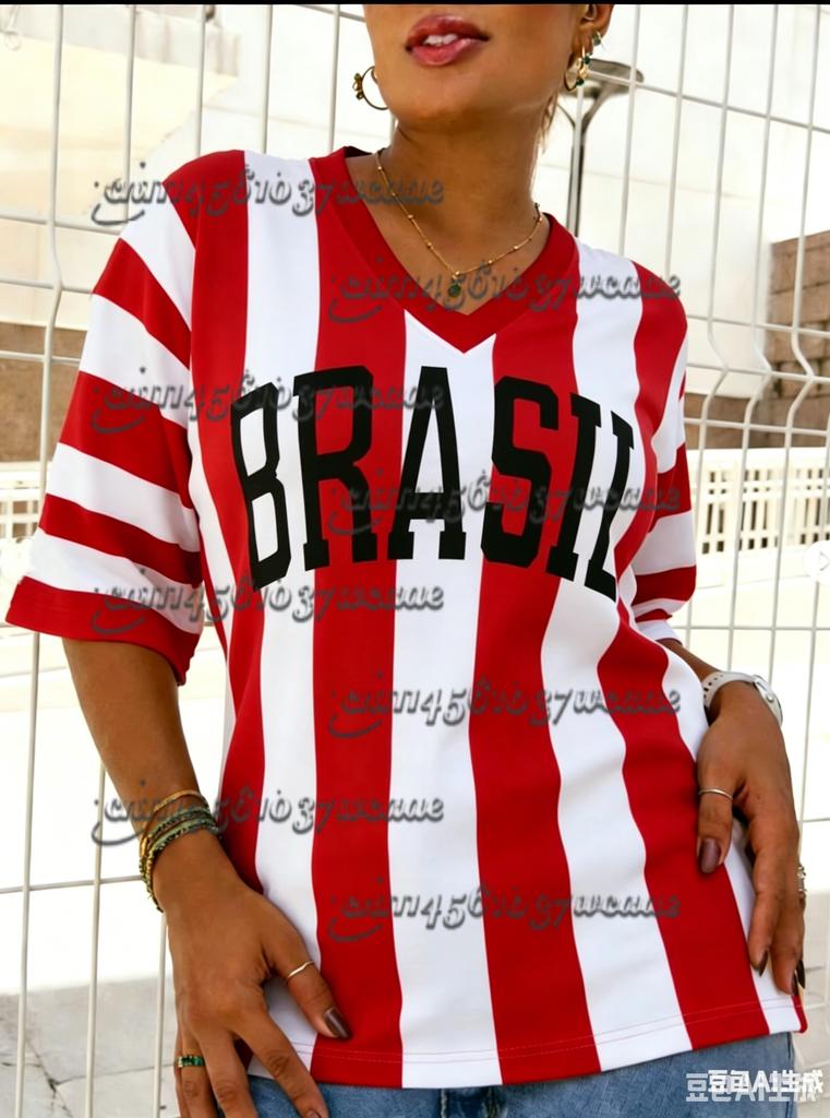 Summer New Vintage Brazil Style Print Women V-Neck T Shirt Patchwork Short Sleeve Sports Tees Football Jersey Y2K New Maternity