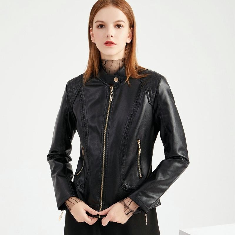 Women Faux Leather Biker Jacket Ladies Stand Collar Zip Coat Outwear