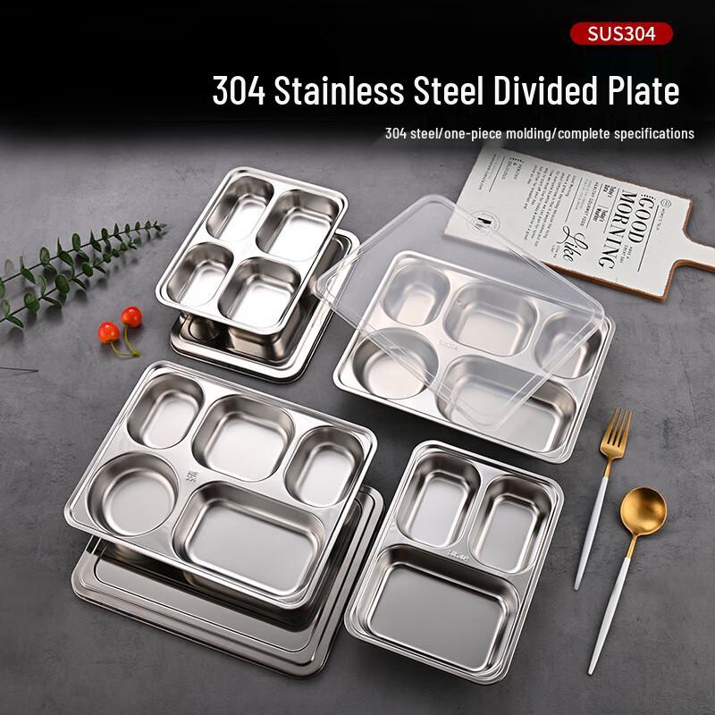 304 Stainless Steel Divided Lunch Tray with Lid