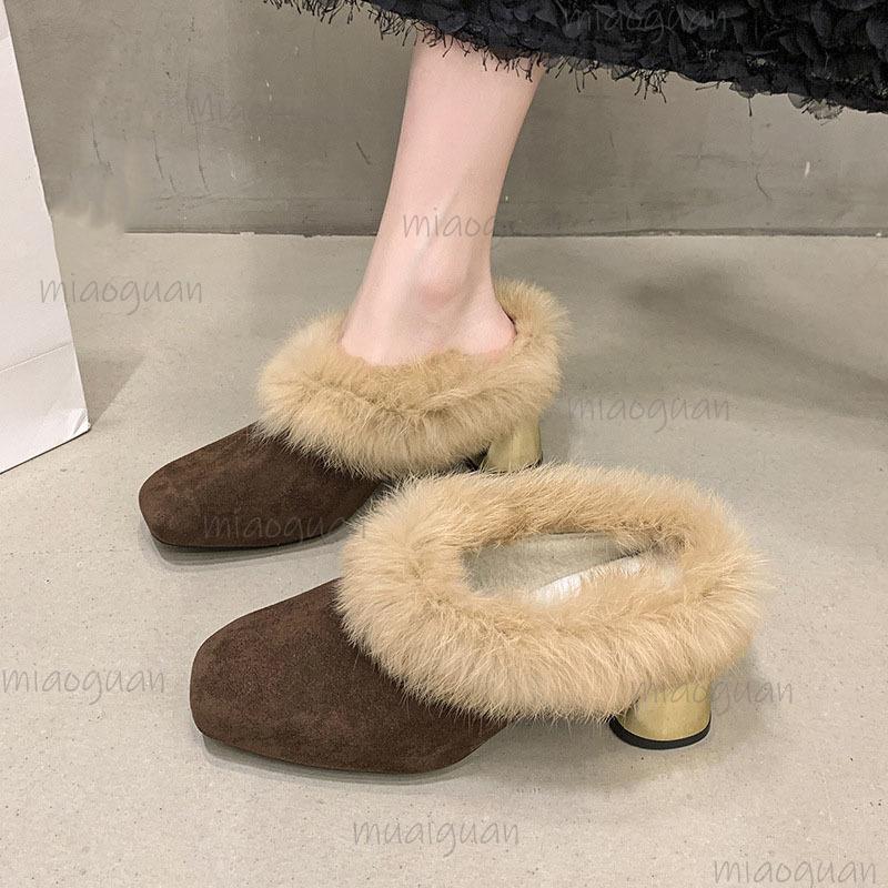 Autumn Winter Women's Fuzzy Slippers High Heel Mules Chunky Heel Plush Slides French Style Luxury Cotton Slippers Elegant Shoes