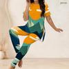 Women Plus Size Round Neck Short Sleeve Gradient Printed Longline Top Fitted Pants Two Piece Set