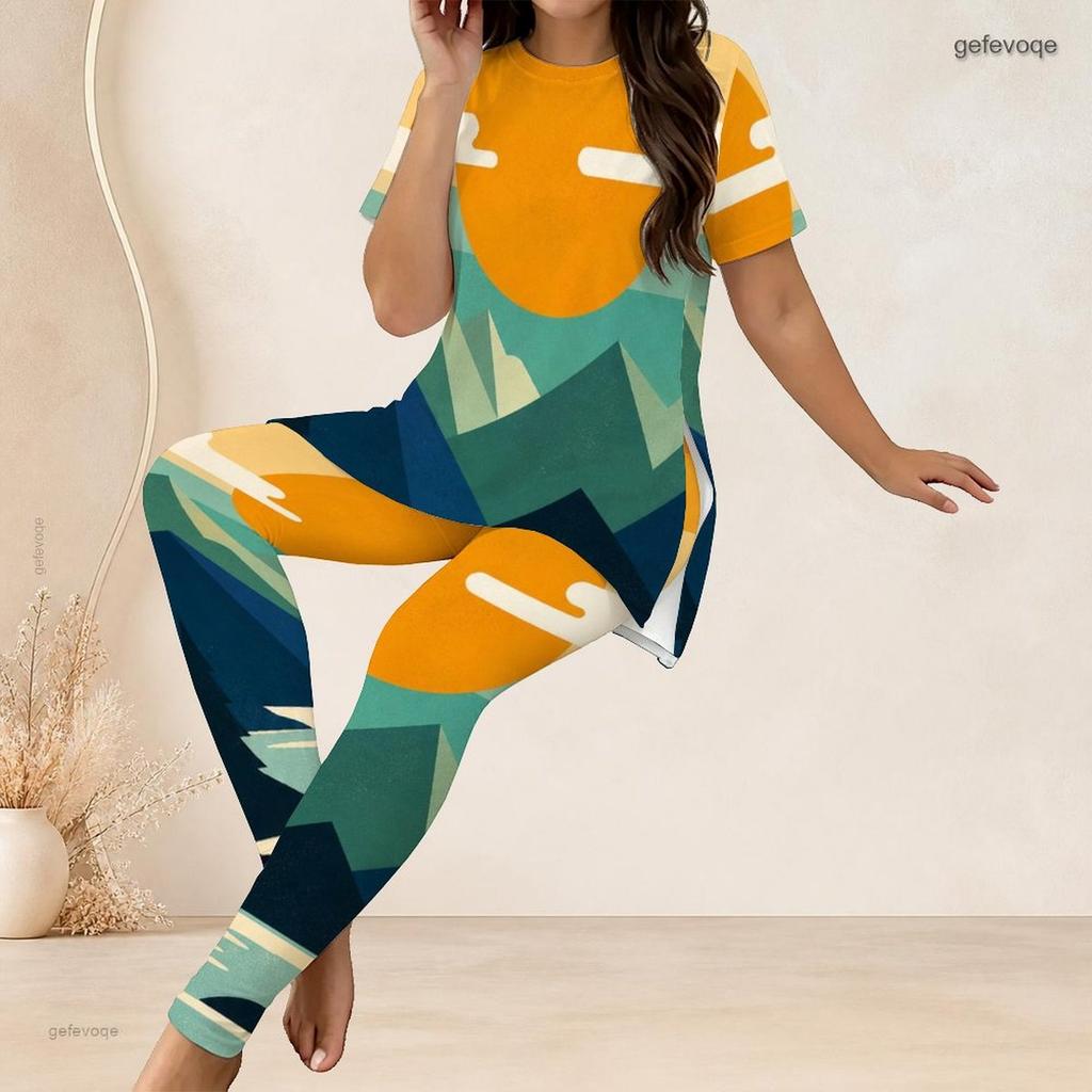 Women Plus Size Round Neck Short Sleeve Gradient Printed Longline Top Fitted Pants Two Piece Set