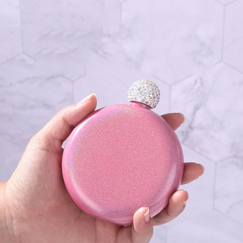 Rainbowl Round Double Wall Small Hip Flask Liquor Flasks Funny Crystal Flask Stainless Steel Portable Hip Flasks Crystal Lid