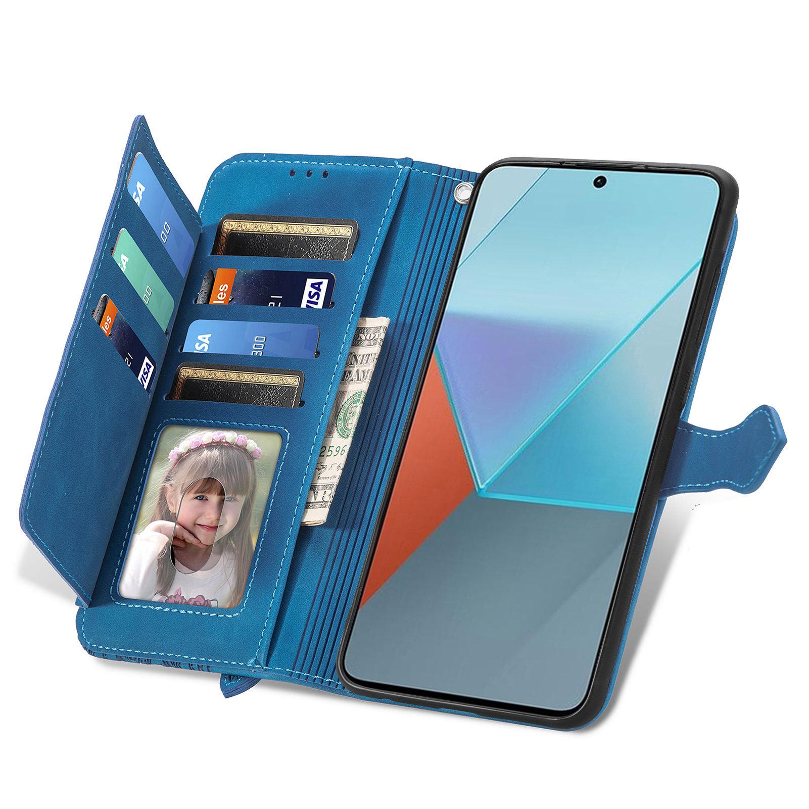 

For Xiaomi Redmi Note 13 Pro 5G/Poco X6 5G Zipper Wallet Case with Strap Flower Imprint PU Leather Phone Cover Blue