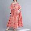 Summer New Literary Age Reduction Large Size Loose and Thin Printed Short-sleeved Long Dress with Pockets Over the Knee Skirt