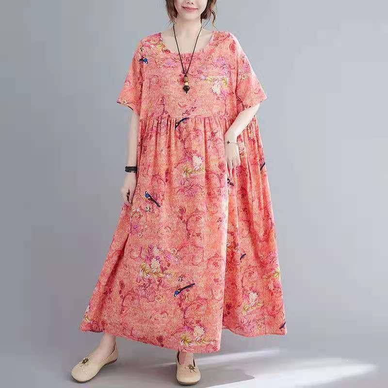 Summer New Literary Age Reduction Large Size Loose and Thin Printed Short-sleeved Long Dress with Pockets Over the Knee Skirt