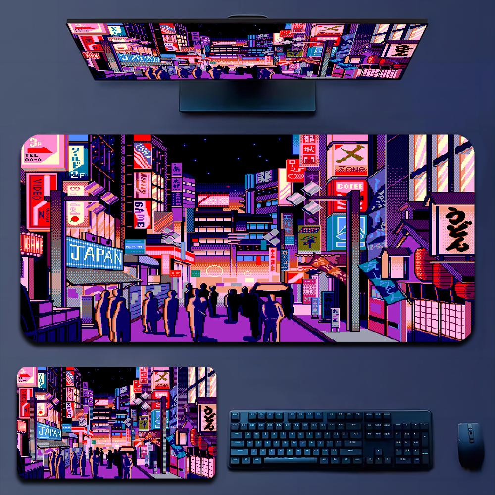 Japan Aesthetics Purple Neon City In Stocked Laptop Gaming Mice Mousepad Size for large Edge Locking Game Keyboard Pad