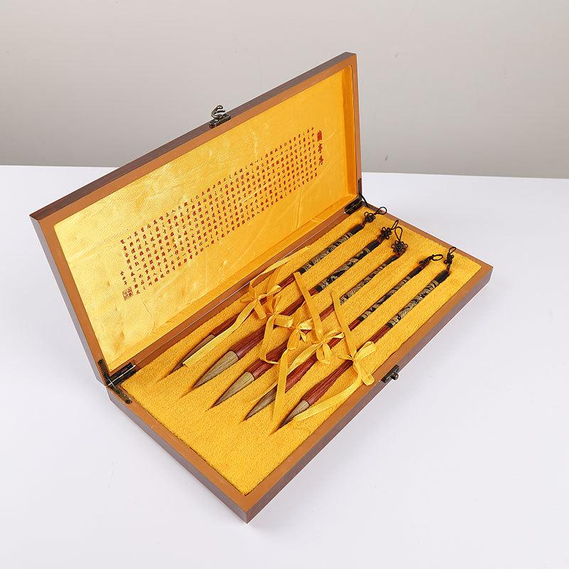 Ebony Rosewood Dragon Pen Holder & Wolf Hair Brush Set in Wooden Box – Ideal for Adult Calligraphy and Painting Gifts