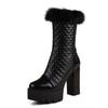 Fashion Womens Fur Thick High Heel Shoes Platform Elastic Band Side Zip Chelsea Boots Black Ankle Boot Zapatos Para Mujeres Motorcycle