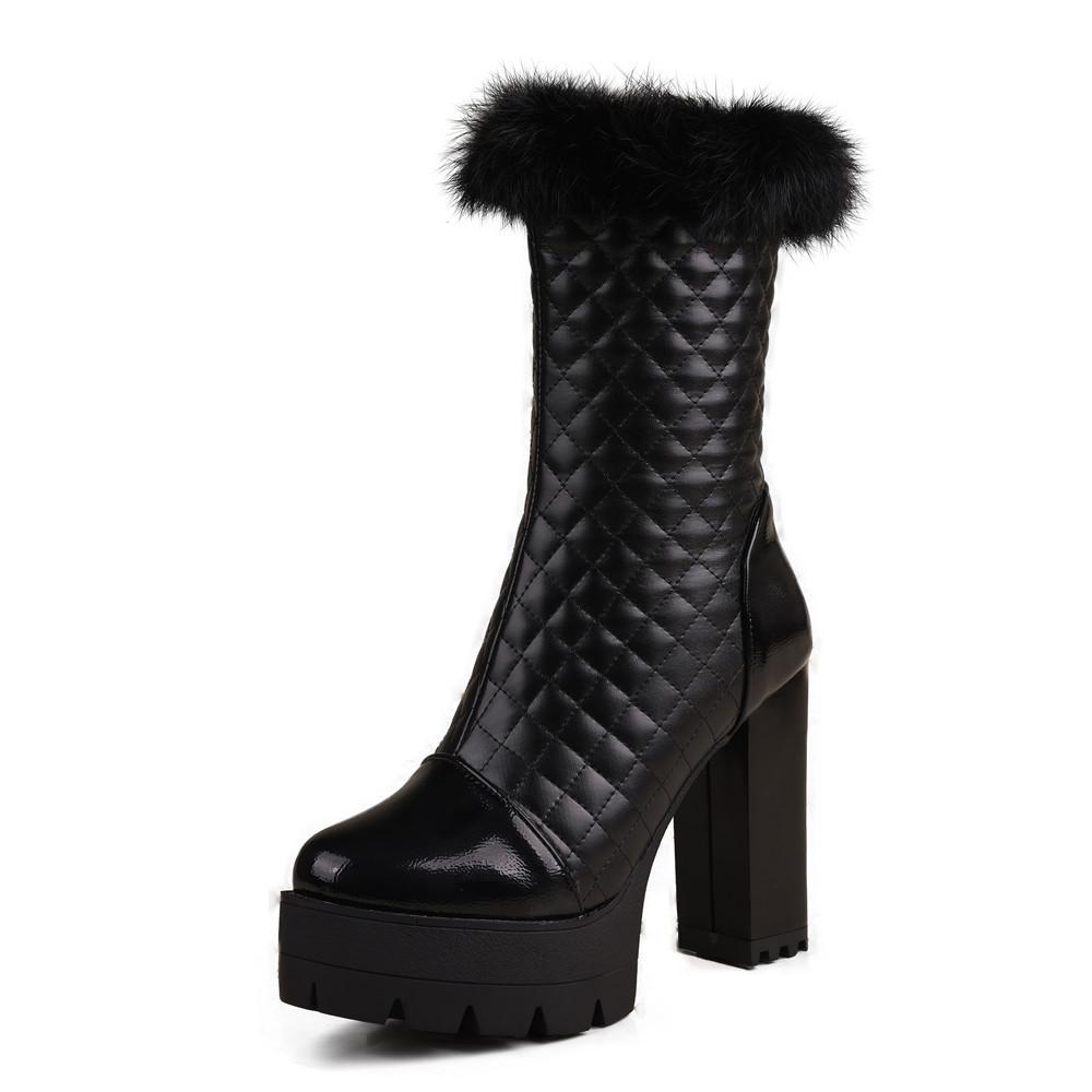 Fashion Womens Fur Thick High Heel Shoes Platform Elastic Band Side Zip Chelsea Boots Black Ankle Boot Zapatos Para Mujeres Motorcycle