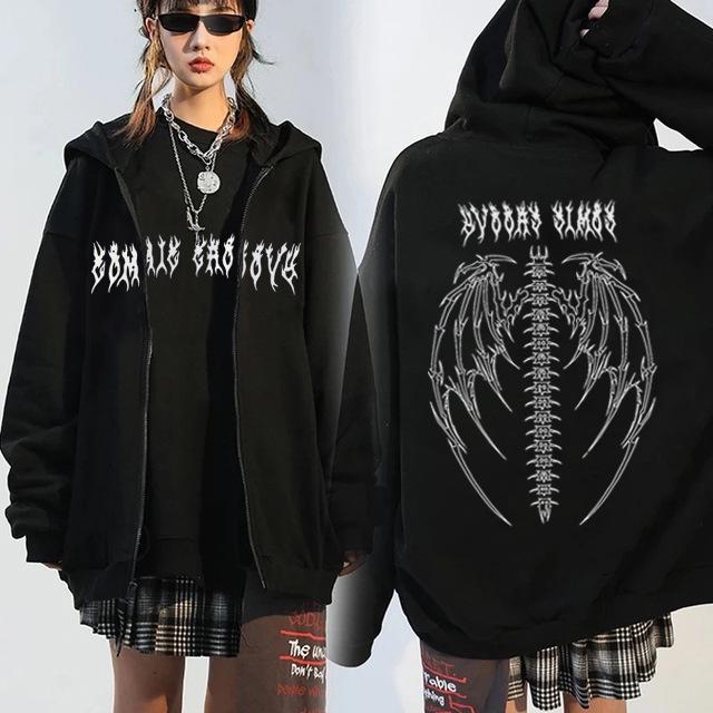 Harajuku Y2K Teufelsflügel Hoodie Jacke in Schwarz – Unisex Herbststil mit Reißverschluss und Kapuze