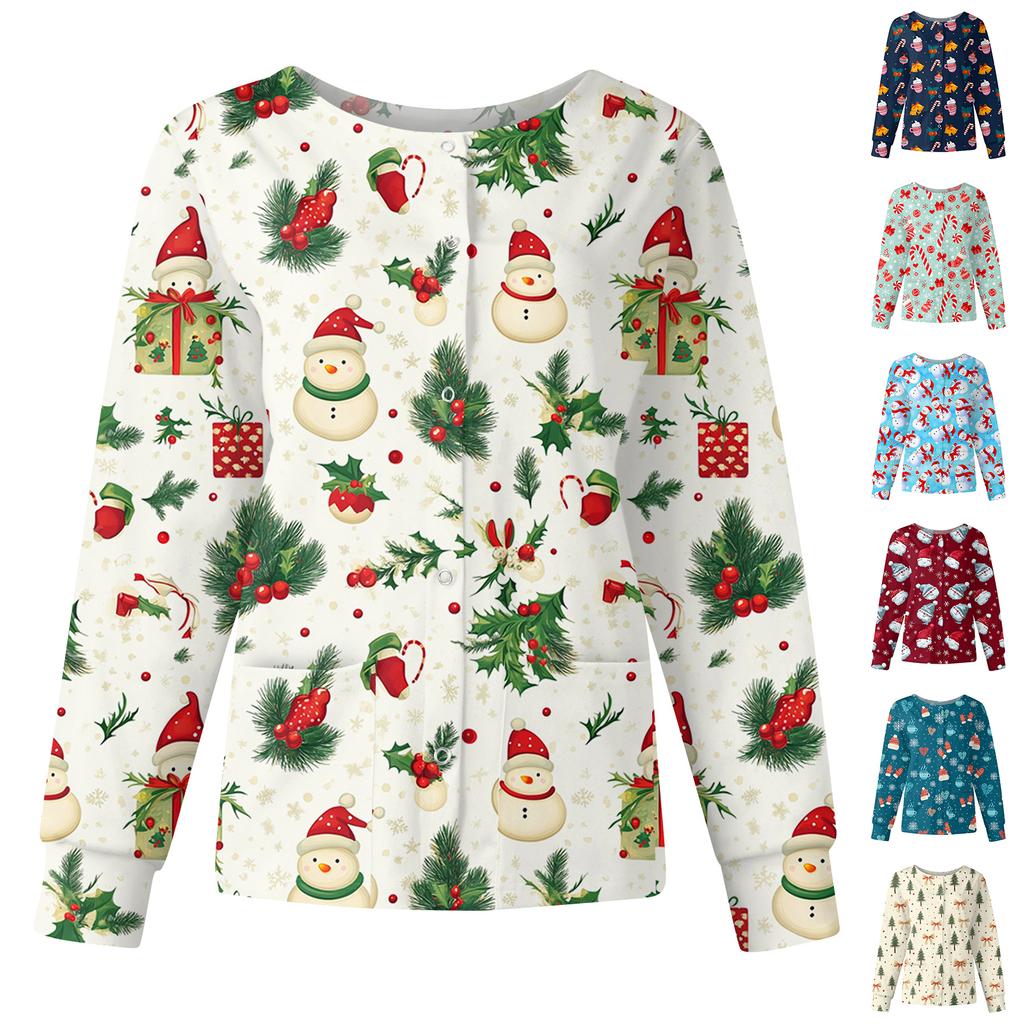 Women's Casual Fashion Long Sleeve Standing Collar Single Breasted Christmas Print Workwear Jacket Tops