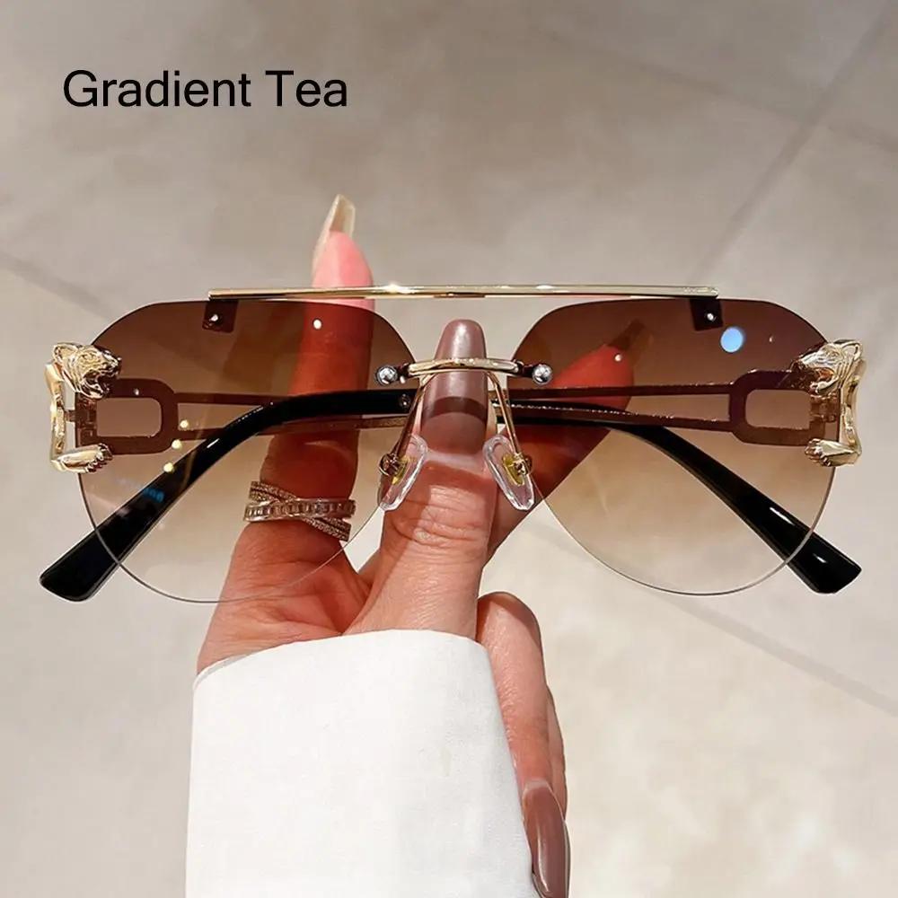 New Rimless Cheetah Decor Sunglasses Gradient UV400 Double Bridge Sun Glasses Shades for Women & Men Lunettes eil Homme