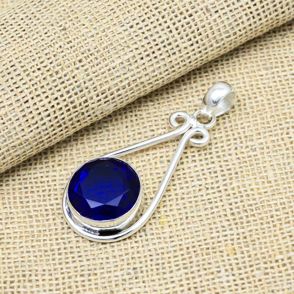 Blue Sapphire Lab-Created Gemstone 925 Sterling Silver Jewelry Handmade Pendant Gift For Wife